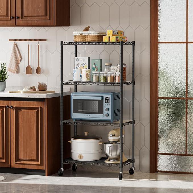 Golpart 4 Tier Shelves Storage Shelf Wire Closet Bathroom Organizers Metal Pantry Kitchen Garage Shelving Unit Laundry Room Organization Home Rack Net Basket Black with Wheels 14”D X 24”W X 48.9”H