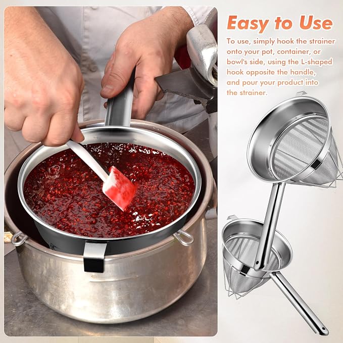 Nuogo 2 Set Stainless Steel Chinois Strainer Fine Mesh Metal Food Bouillon Sieve Strainer Cone Fine Mesh Strainer with Handle and Silicone Spatula for Sauce Jam Jelly Tea(10 Inch+8 Inch)