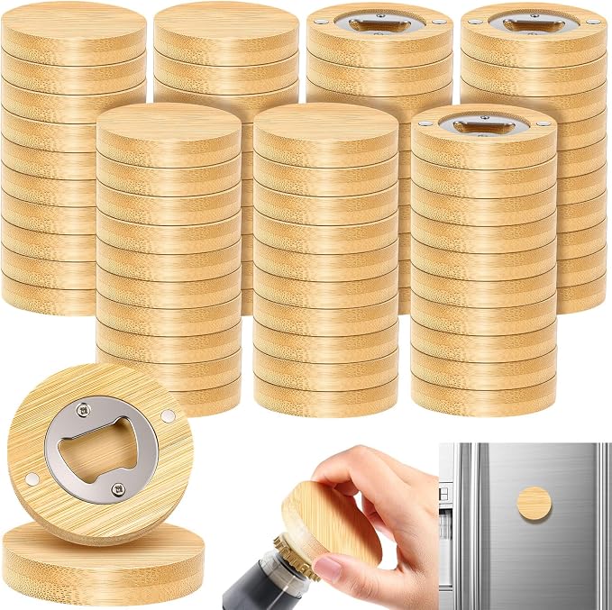 Vesici 70 Pcs Magnetic Bottle Opener 2.5in DIY Bamboo Round Shape Beer Openers Wooden Fridge Magnet Refrigerator Sticker Gift for Beer Lover Wedding Guest Kitchens Bars Parties