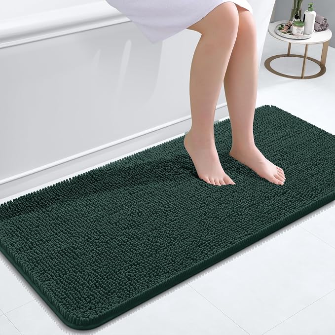 OLANLY Bathroom Runner Rugs 47x20, Soft Absorbent Chenille Bath Rugs, Rubber Backing Quick Dry, Machine Washable Long Bath Mats for Bathroom, Tub and Shower, Home Decor Accessories, Blackish Green