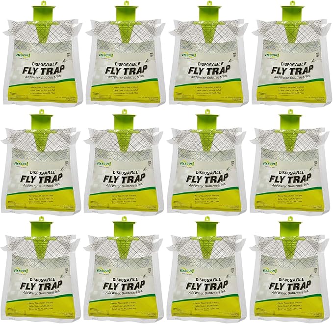 RESCUE! Outdoor Disposable Fly Trap – Hanging Fly Catcher with Attractant Bait, Fly Bag for Patio, Yard, Trash & Farm Areas – Easy-to-Use Outdoor Fly Control - 12 Traps