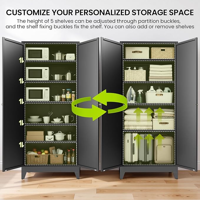 AQY Metal Pantry Cabinet, 75" Black Kitchen Storage Cabinet with Doors | 5 Adjustable Shelves Ventilated Metal Cabinet Hanging Hooks Freestanding Kitchen Storage