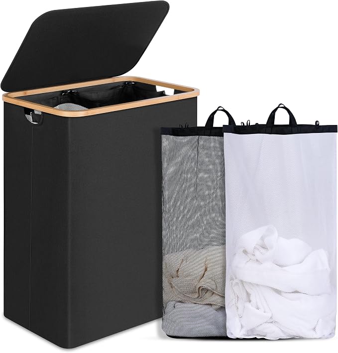 efluky Double Laundry Hamper with Lid, Divided Laundry Hamper with Removable Bags, 2 Section Dirty Clothes Basket with Handles for Bathroom, Bedroom & Laundry Room, 160L Black