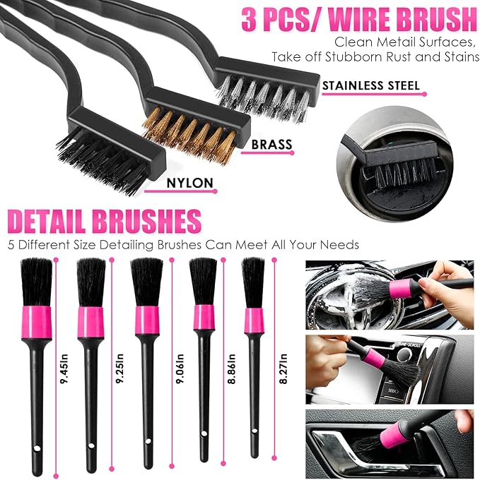 17pcs Car Cleaning Kit, Pink Car Interior Detailing Kit with High Power Handheld Vacuum, Detailing Brush Set, Windshield Cleaner, Cleaning Gel, Complete Auto Accessories for Women Gift