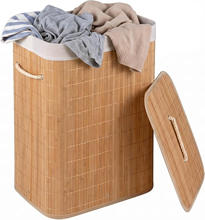 Giantex Bamboo Laundry Hamper with Lid, Removable Liner & Portable Handles | 19 Gal Large Capacity Clothes Hamper, Rectangular Laundry Basket for Bedroom Bathroom Laundry Room