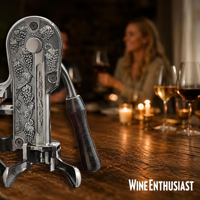Wine Enthusiast Legacy Corkscrew – Durable Wine Opener with Black Marble Handle & Solid Metal Construction - Long Lasting Cork Removal with Tabletop Mount (Pewter)