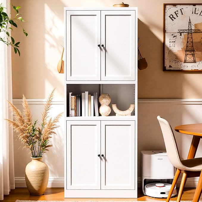 AQY Metal Pantry Cabinet, 72" White Kitchen Storage Cabinet with Doors | Microwave Stand 3 Adjustable Shelves Freestanding Storage Metal Cabinet Kitchen Organization