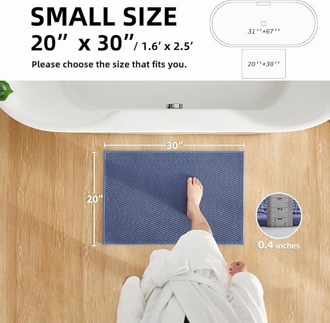 TYUU Bathroom Rugs Non Slip Washable, Super Absorbent Thin Bath Mat Small Quick Dry Low Pile Bathroom Rug, Denim Blue 20"x30"