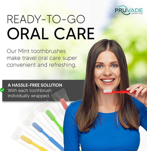 100 Pack Disposable Toothbrushes with Toothpaste - Prepasted Toothbrushes | Pruvade Single Use Waterless Tooth Brush with Soft Bristles for Airbnb, Hotel, Camping, Travel - Individually Wrapped - Mint