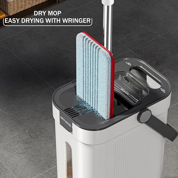 HoMettler Dual Mop and Bucket Set, Flat Mop and Bucket System with Separate Dirty and Clean Water, 3-Compartment Wall Cleaner Mop, Flat Mops for Floor Cleaning with 6 Microfiber Pads