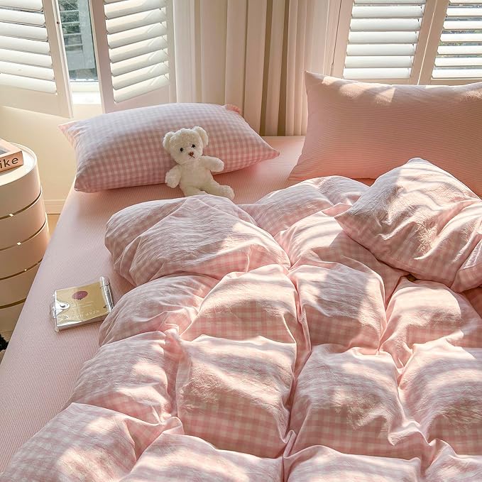 mixinni Light Pink Gingham Duvet Cover Set Full Size - 100% Washed Cotton 3 Piece Plaid Checkered Bedding Set, Soft Comfy Grid Farmhouse Comforter Cover with Zipper Closure & Corner Ties