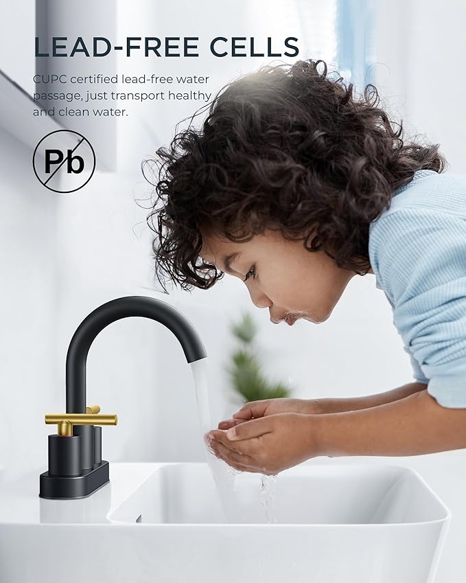 FORIOUS 4 in Black and Gold Bathroom Faucet Centerset, 2 Handle Matte Black Swivel Faucet for Bathroom Sink 2 or 3 Hole with Pop up Drain and cUPC Supply Hose, Suitable for Vanity RV Restroom