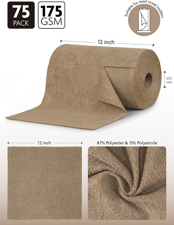 Fantasticlean Microfiber Cleaning Cloth Roll -75 Pack, Tear Away Microfiber Towels, 12" x 12", Reusable, Washable, Scratch Free, Ultra Absorbent for All-Around Cleaning Supplies (TAN)