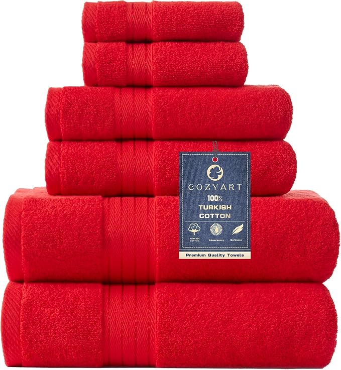 COZYART Red Bath Towel Set for Bathroom Soft Absorbent Durable 650 GSM Turkish Cotton Towel Sets of 6, 2 Large Bath Towels, 2 Hand Towels, 2 Washclothes | OEKO-Tex 100 Certified Zero Twist Ring Spun, Soft Absorbent Quick Dry, Plush Fluffy, Breathable H...
