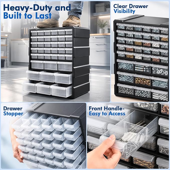 Drawer Organizer for Garage Building Bricks Storage,Thicker Craft Organizers Storage with Dividers Labels for Hardware,Screws,Nuts Bolts,Teacher Toolbox,Charms,Beads,Craft,Scrapbook