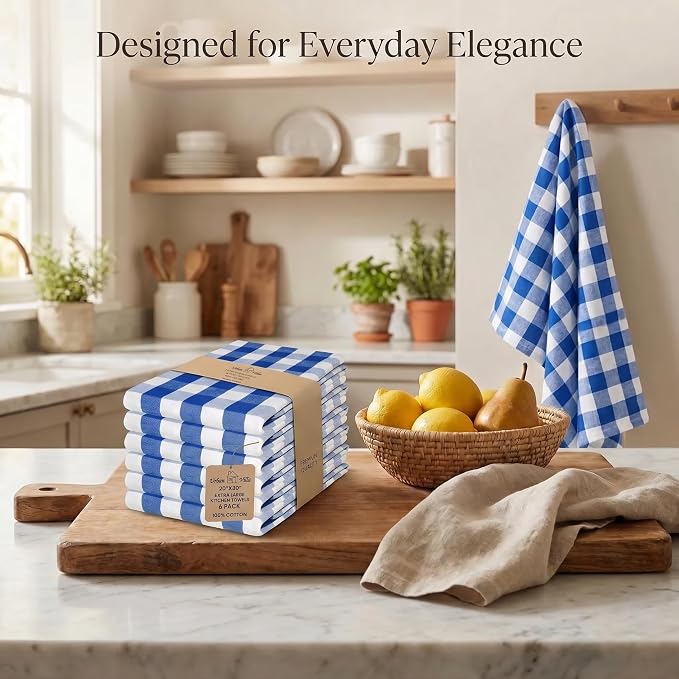 Urban Villa Kitchen Towels 100% Cotton Dish Towels for Kitchen (Set of 6) 20”x30” Dish Cloths Highly Absorbent Kitchen Linen Set with Hanging Loop Perfect for Drying Dishes Cleaning – Blue/White