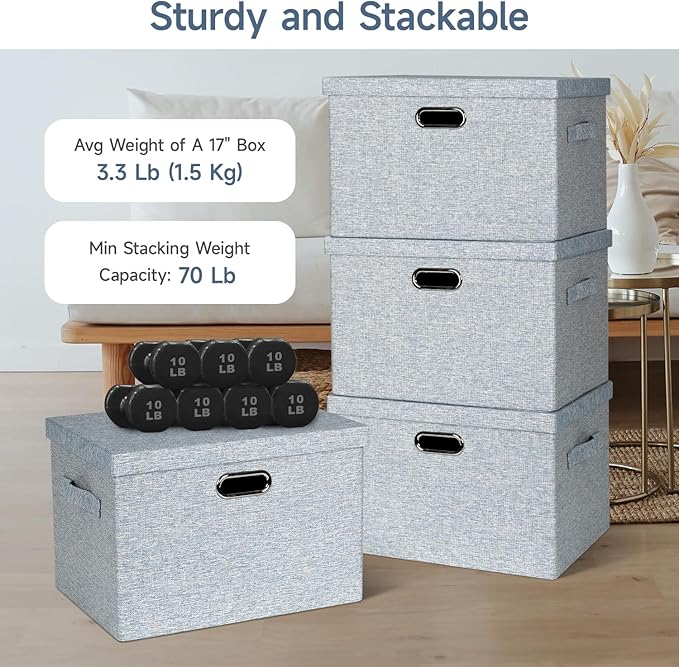 Graciadeco Large 17" 36 Quart Collapsible Stackable Storage Bins with Lids, 3 Packs Blue-Grey Linen Fabric Closet Boxes with Lids, Storage Cube Baskets Container Organizers for Bedroom (17x12x11)