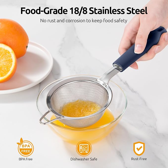 U-Taste 18/8 Stainless Steel Measuring Cups and Spoons (Set of 12, Midnight Blue), and Fine Mesh Strainer with Sturdy Riveted Silicone Handle and Strong Frame (Midnight Blue)