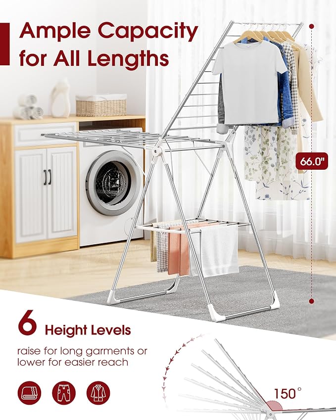 Sakugi Clothes Drying Rack with Height-Adjustable Wings, Metal Foldable Laundry Dryer Stand for Clothing & Bedding, Free-Standing Collapsible for Indoor & Outdoor Use, 69.5" L × 22.8" W, Silver White