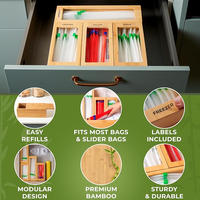 Storage Bag Organizer, Bamboo Baggie Organizer for Drawer, 4 Modular Blocks for Kitchen Organization, Plastic Bag Storage Organizer, Quick Refill - Fits Gallon, Quart, Sandwich, Snack Size Bags