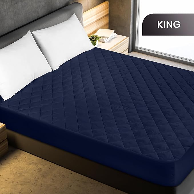Quilted Fitted Mattress Pad, King Mattress Protector Topper with Deep Pocket Stretches up to 16 Inches, Machine Washable Mattress Cover by Utopia Bedding (Navy)
