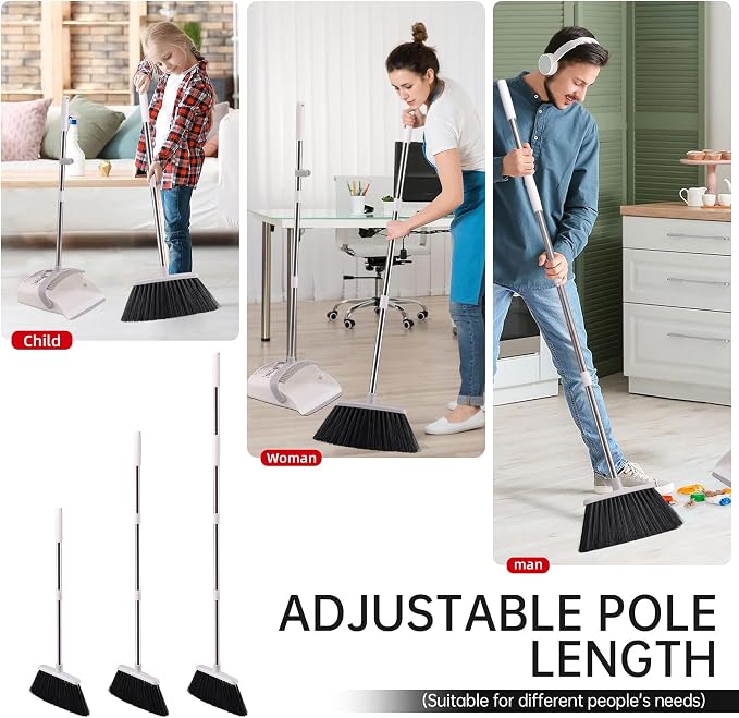 Broom with Dustpan Combo Set, Hand Broom and Dustpan Set for Sweeping Indoor Angle Broom for Home Office Kitchen Lobby Floor Pet Hair Indoor&Outdoor Cleaning (White&Gray)