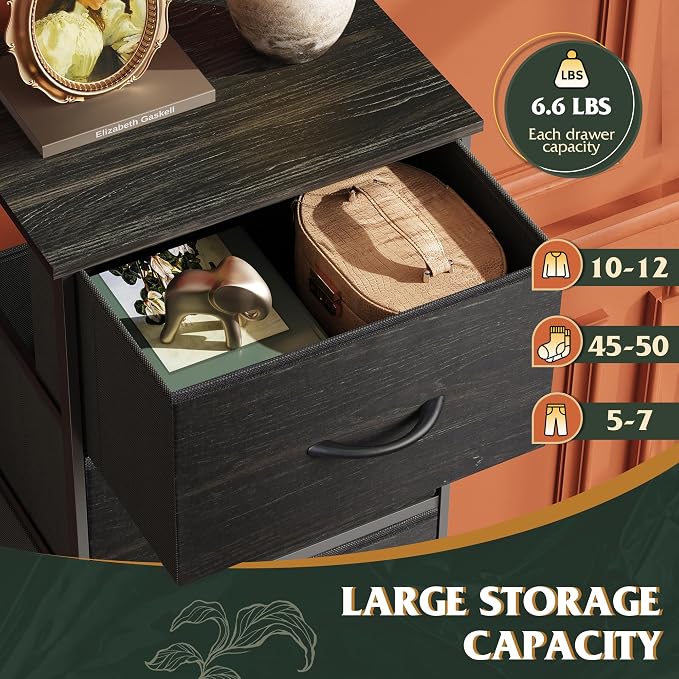 WLIVE Fabric Dresser, 5-Drawer Tall Dressers for Bedroom, Storage Dresser Organizer with Wood Top, Sturdy Steel Frame, Chest of Drawers for Closet, Hallway, Charcoal Black Wood Grain Print