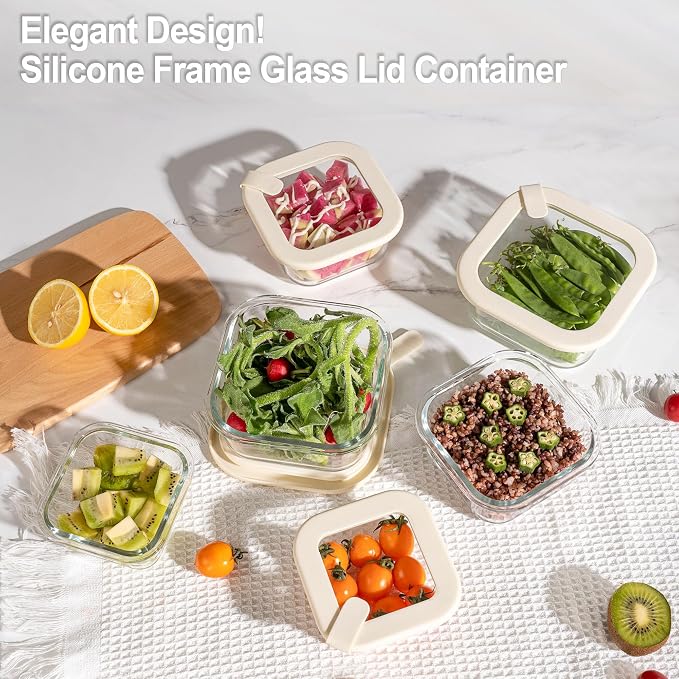 Glass Food Storage Containers with Glass Lids, Microwave Safe Food Container Set, Airtight Meal Prep Containers, LeakProof, 100% Plastic Free, 6 Pack