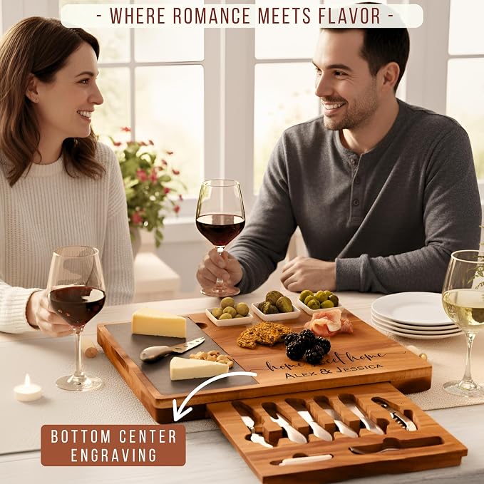 Personalized Acacia Wood Charcuterie Board Set with Stainless Steel Knives – Custom Cheese Board for Wedding, Anniversary, New Mom, Engagement, Housewarming, Bridal Shower, Women, Mother’s Day Gifts