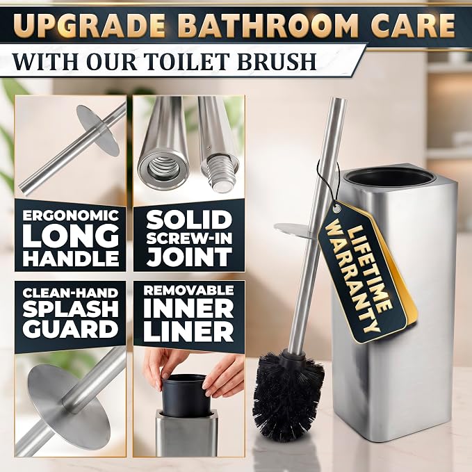 Silver Toilet Brush and Holder Set - Upgrade Your Bathroom in Seconds - Stainless Steel Toilet Bowl Brush and Holder with 2 Rounded Corners, Replaceable Head, Removable Inner Bowl & Splash Guard Cover
