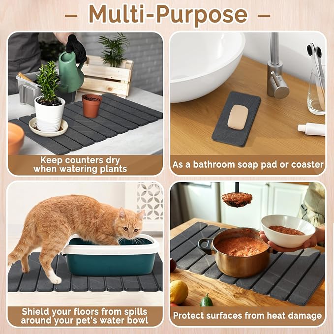 Large Stone Dish Drying Mat for Kitchen Counter,2 PCS Quick Dry Stone Mats,Foldable Water Absorbing Diatomaceous Drying Pad for Countertop Bottles Utensils Cups (Flow Line Dark Gray 24"x16" & 8"x4")