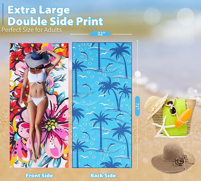 TwoYek Microfiber Beach Towel Extra Large 71x32 inches Floral Print | Thin & Lightweight, Sand Free, Super Absorbent Quick Dry, Oversized Towel for Beach Bath Pool Swim Travel Accessories Gifts