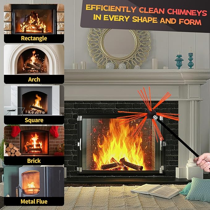 Chimney Sweep Kit 16 Feet, Chimney Cleaning Kit with 5 Black Nylon Flexible Chimney Rods, Rotary Chimney Cleaning System Driven by Drill for Sweeping Fireplace, Chimney Cleaners with Strong Brush