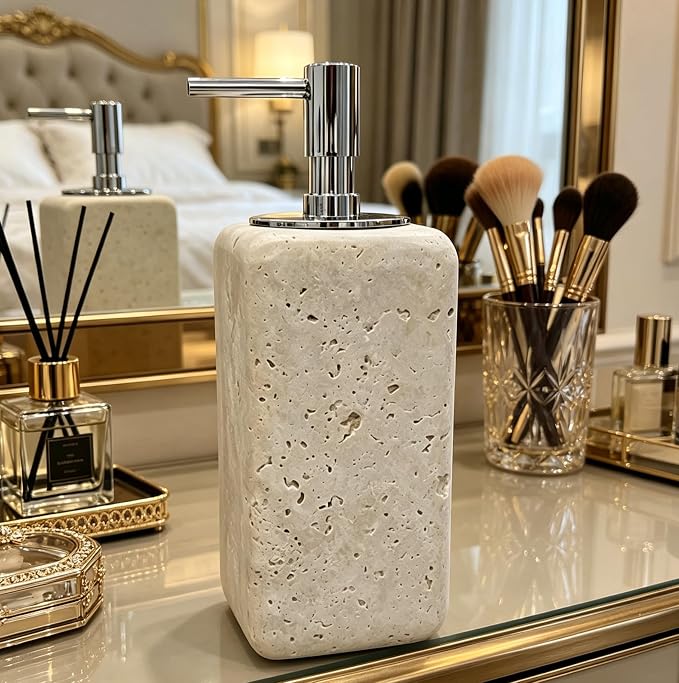 Travertine Stone Soap Dispenser Natural Organic Bathroom Soap Pump with Metal Push Pump, Elegant Square Hand Lotion Jar, Premium Heavy Duty Pump Bottle Lotion Jar for Kitchen/Laundry Room(Ivory White)