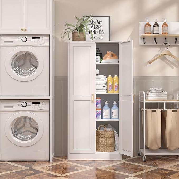 Steeloong 60"Metal Pantry Storage Cabinet with Doors & 3 Adjustable Shelves | Kitchen Pantry Cabinet,White Kitchen Cabinet with 2 Gold Handles,Tall Cabinet for Livingroom,Pantry, Bathroom,Kitchen