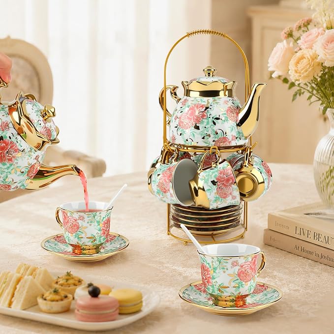 20 Piece Porcelain Tea Set with Metal Holder European Floral Pattern Tea Pot Tea Cup Tea Saucer Teaspoon for Women Adult Tea Party Large Version