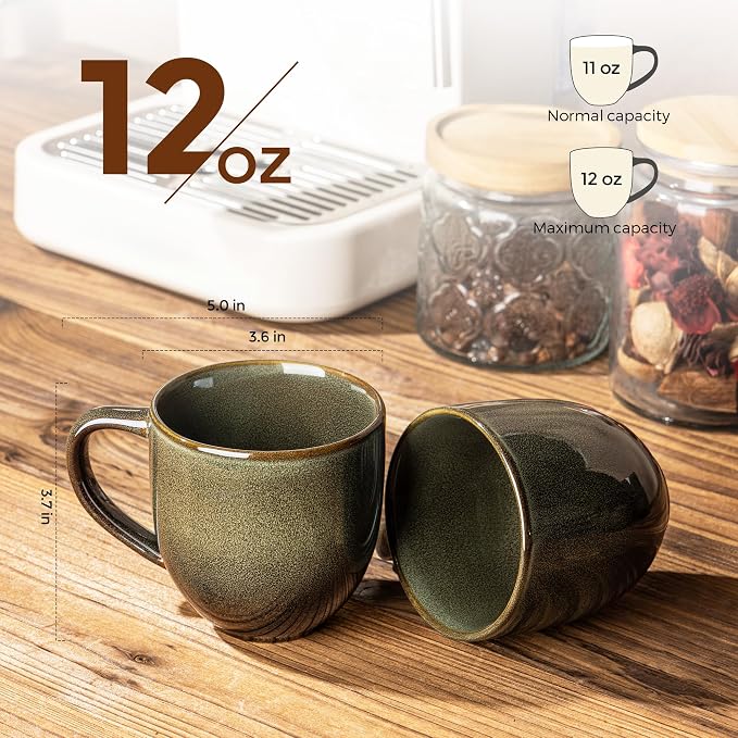 theterra Ceramic Coffee Mugs Set of 6, 12oz Handmade Coffee Cups with Handle for Latte, Tea, Milk, Beer, Hot Cocoa, Olive Green