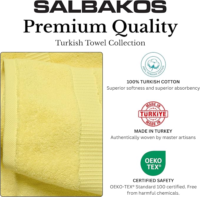 SALBAKOS 12-Piece 100% Turkish Cotton Washcloths and Face Towels, Yellow | 13x13 in Standard Size Small Towel, Multi-use Bathroom & Kitchen, Thick Super Soft Absorbent Durable, Oeko-Tex Made in Turkey