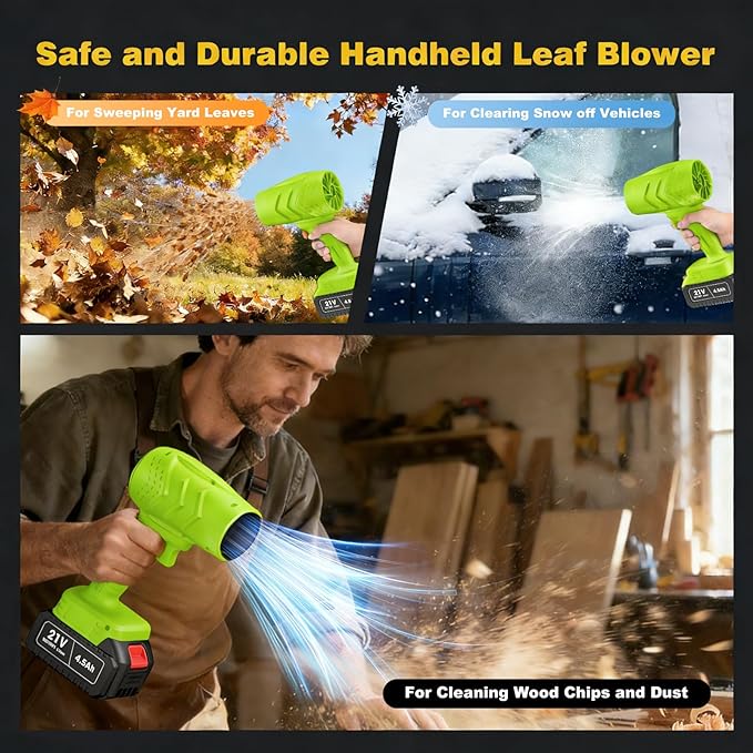 Electric Leaf Blower, Handheld Car Vacuum Cleaner, Wind Speed Cordless Battery Blower with 2 Rechargeable Batteries and Charger, Powered Handheld Blower Leaf, for Yard Leaf & Snow Removal(Lime)