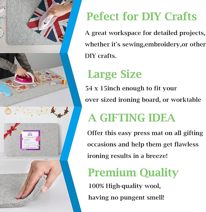 Rdutuok Wool Pressing Mat, 54in x 15in, 100% New Zealand Wool Ironing Mat | Extra Large 1/2" Thick Ironing Pad with Carrying Case for Quilting, Sewing, Embroidery and Large Quilt Projects