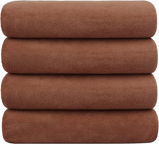 JML Microfiber Bath Towels, 30" x 60", 4 Pack, Brown | Oversized, Soft, Super Absorbent, Fast Drying Bathroom Towel Set for Sport, Fitness, Yoga