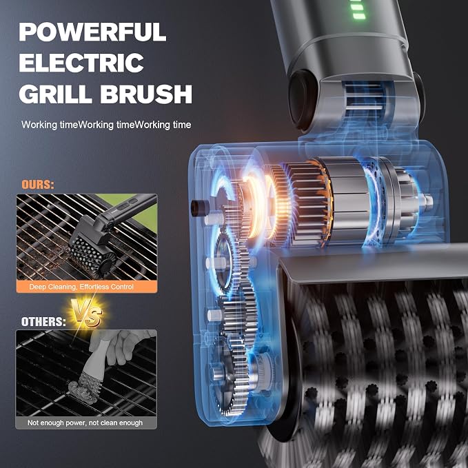 Electric Grill Brush, Cordless Rechargeable Electric Grill Cleaner with 2 Heads, 3 Speeds, Angle Adjustable, 150-Min Runtime BBQ Brush for Outdoor Barbecue Grates