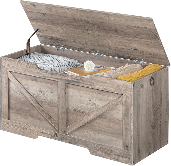 HOOBRO Storage Bench, 39.4” Retro Wooden Storage Chest with U-Shaped Cut-Out Pull, Safety Hinge, Supports 220 lb and Easy Assembly for Toy Box Organizer (Greige) BG771CW01G1