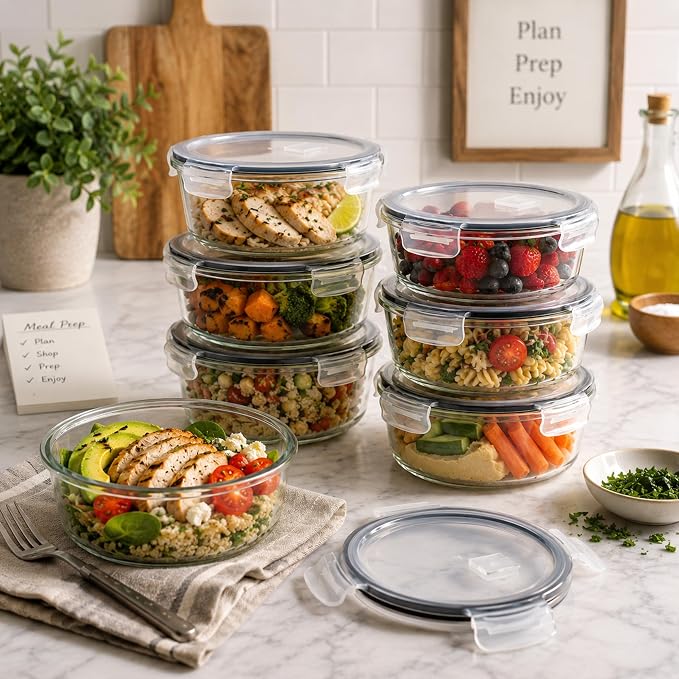 Sorbus Glass Meal Prep Containers Set, 8 Pack Round Borosilicate Glass Containers 32.7oz / 970ml, Airtight Vented Lids, Leakproof, BPA Free, Oven Microwave Freezer Dishwasher Safe, Stackable, 7x3 in