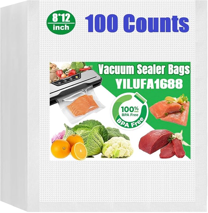 100 Pack Vacuum Sealer Bags for Food Saver - PreCut 8"x12", Commercial Grade BPA Free, 6X Freshness Airtight Food Storage Bags for Freezer & Sous Vide, Fits All Clamp Machines