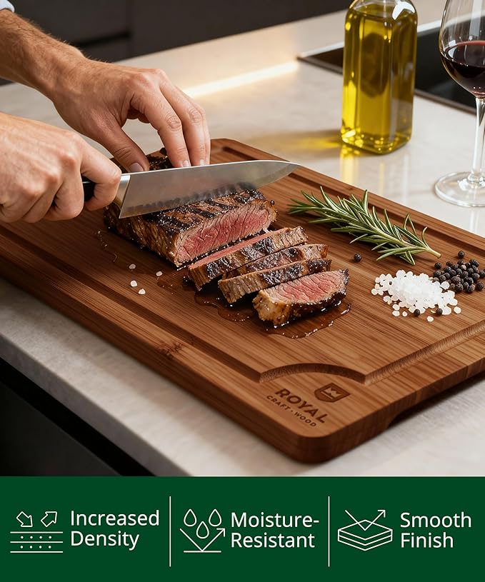 ROYAL CRAFT WOOD Wooden Cutting Boards for Kitchen Meal Prep & Serving - Bamboo Wood Serving Board Set with Deep Juice Groove Side Handles - Charcuterie & Chopping Butcher Block for Meat