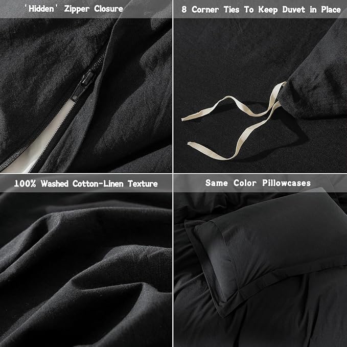 Black Duvet Cover Oversize Queen Size 100% Washed Cotton Bedding Set Cover 1 Duvet Cover with Zipper Closure and 2 Pillowcases, 98inch x 98inch
