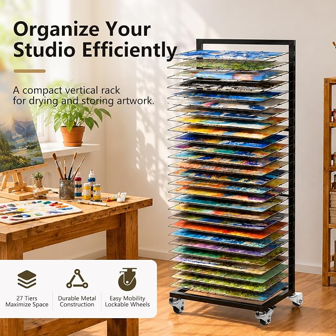 Art Drying Rack 27 Removable Shelves,Mobile with Locking Wheels, Heavy-Duty Metal Paint Drying Stand for Canvas, Artwork, Classroom, Art Studio, School