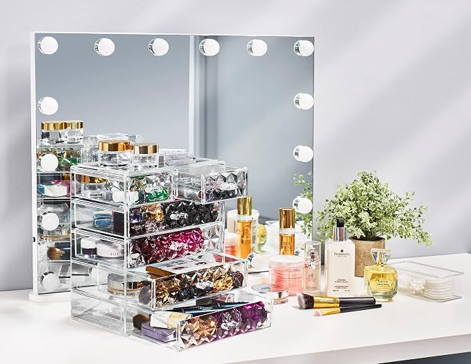 Sorbus Acrylic Makeup Organizer Set, 6-Drawer Vanity & Countertop Cosmetic Storage with Small & Wide Drawers, Diamond Makeup Storage for Brushes, Lipsticks, Jewelry – Holiday Gift for Women & Teens