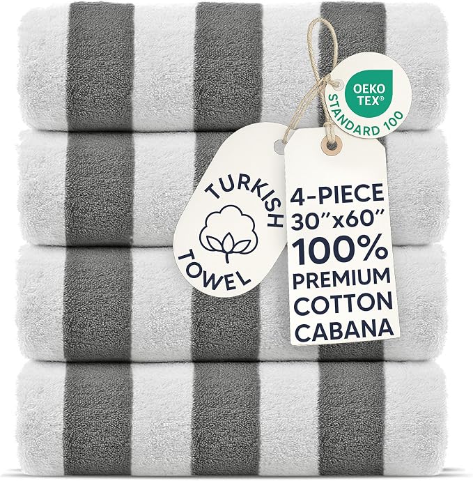 Chakir Turkish Linens Premium Quality 100% Cotton Turkish Cabana Thick Stripe Pool Beach Towels 4-Pack (Gray, 30x60 Inch)